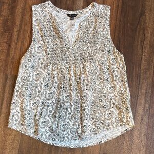 Lucky Brand Ivory and Army Green Floral Smocked V-Neck Sleeveless Top
